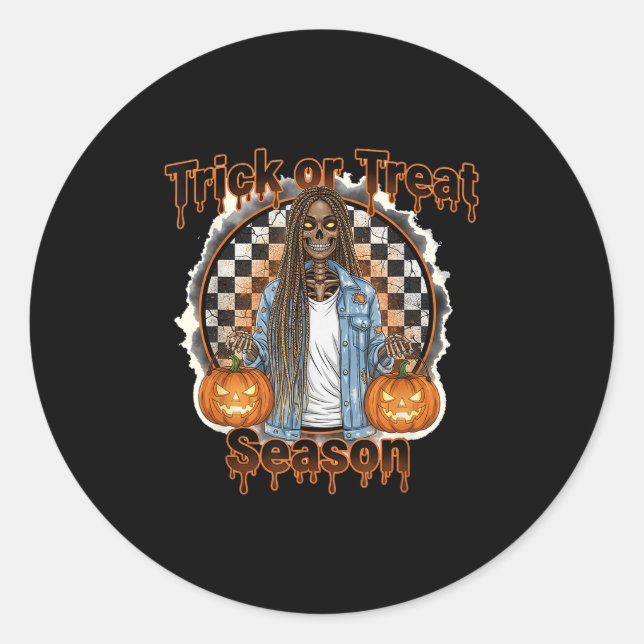 Halloween African American Skeleton Season Pumpkin Classic Round Sticker (Front)