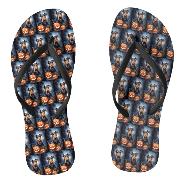Halloween Airedale With Pumpkins Scary Flip Flops (Footbed)