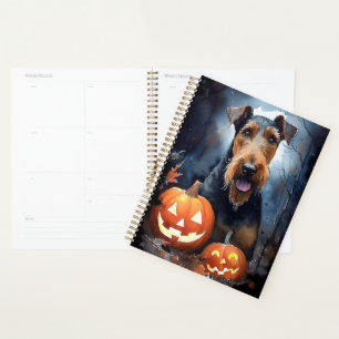 Halloween Airedale With Pumpkins Scary Planner