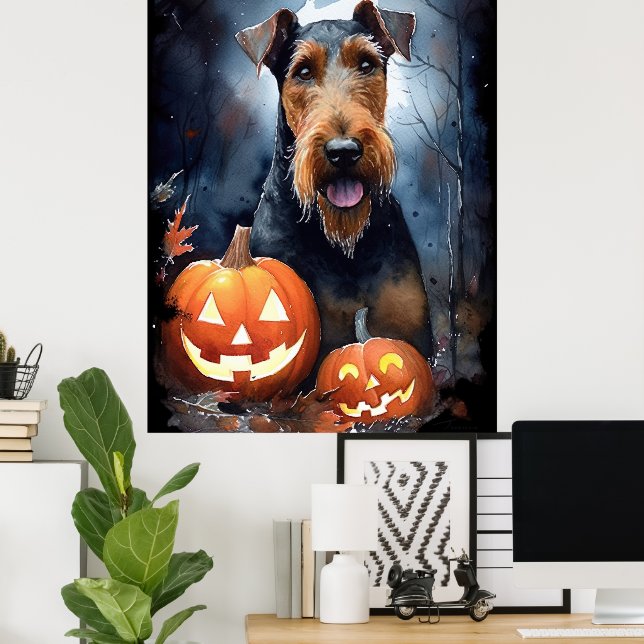 Halloween Airedale With Pumpkins Scary Poster (Home Office)