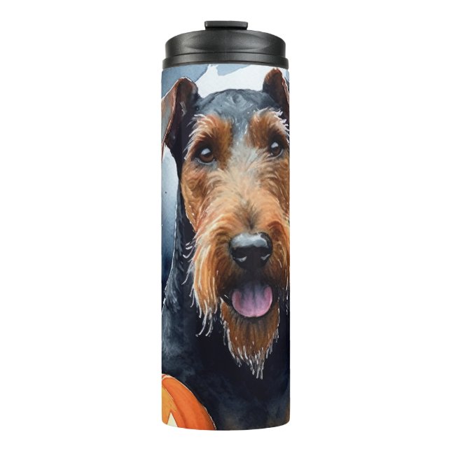 Halloween Airedale With Pumpkins Scary Thermal Tumbler (Front)
