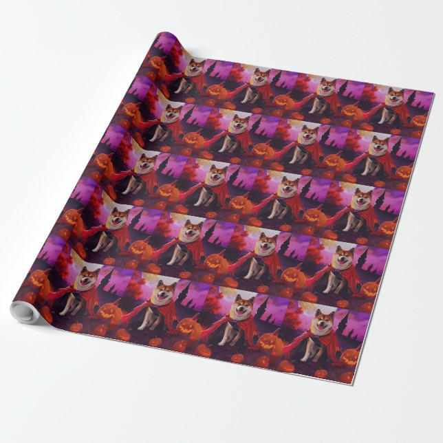 Halloween Akita Vampire Pumpkins Scary Wrapping Paper (Unrolled)