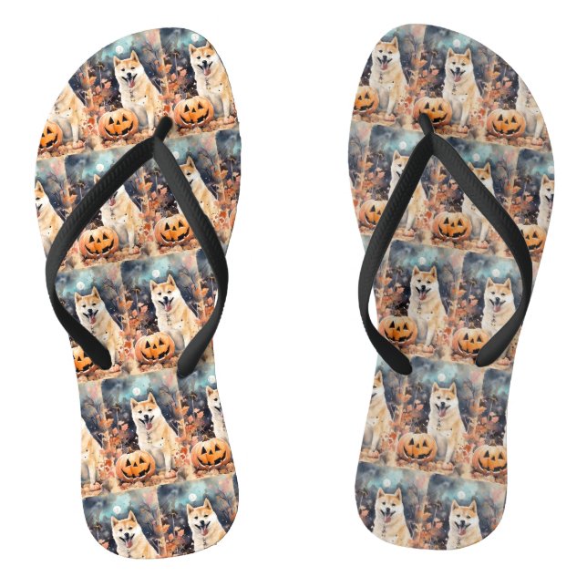 Halloween Akita With Pumpkins Scary Flip Flops (Footbed)