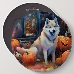 Halloween Alaskan Malamute With Pumpkins Scary 6 Inch Round Button