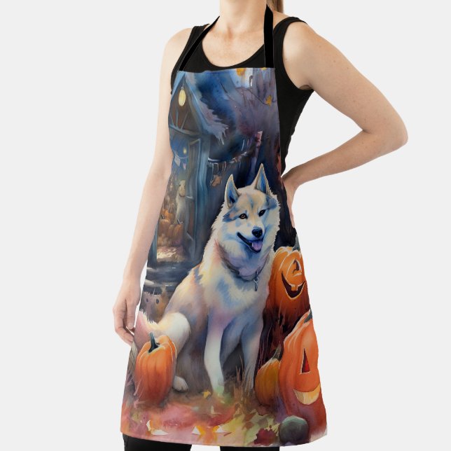 Halloween Alaskan Malamute With Pumpkins Scary Apron (Insitu)