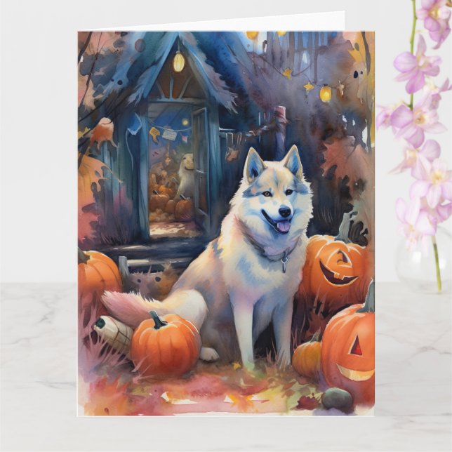 Halloween Alaskan Malamute With Pumpkins Scary Card (Orchid)