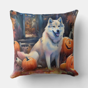 Halloween Alaskan Malamute With Pumpkins Scary Throw Pillow