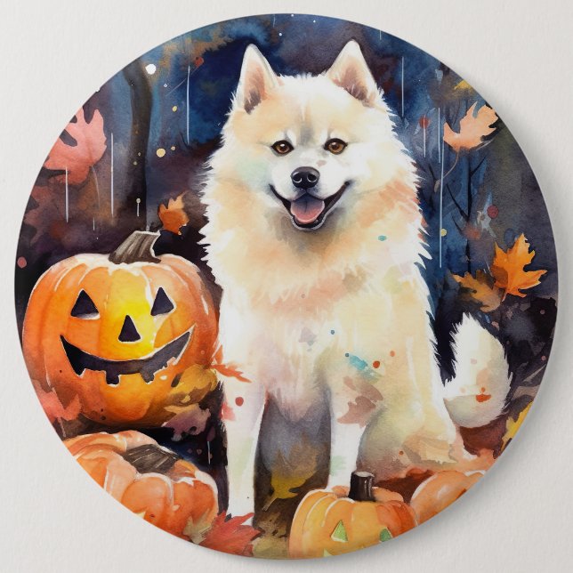 Halloween American Akita With Pumpkins Scary 6 Inch Round Button (Front)