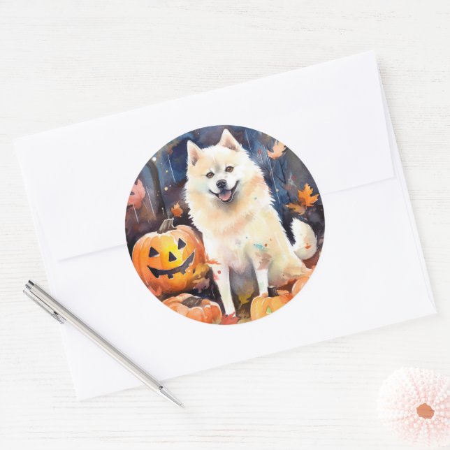 Halloween American Akita With Pumpkins Scary Classic Round Sticker (Envelope)