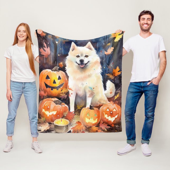 Halloween American Akita With Pumpkins Scary Fleece Blanket (In Situ)