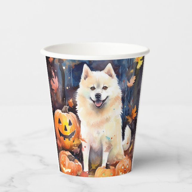 Halloween American Akita With Pumpkins Scary Paper Cups (Front)