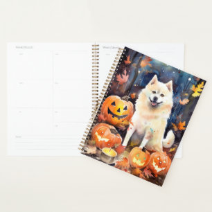 Halloween American Akita With Pumpkins Scary Planner