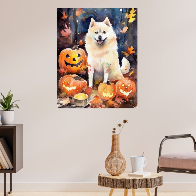 Halloween American Akita With Pumpkins Scary Poster (Living Room 3)