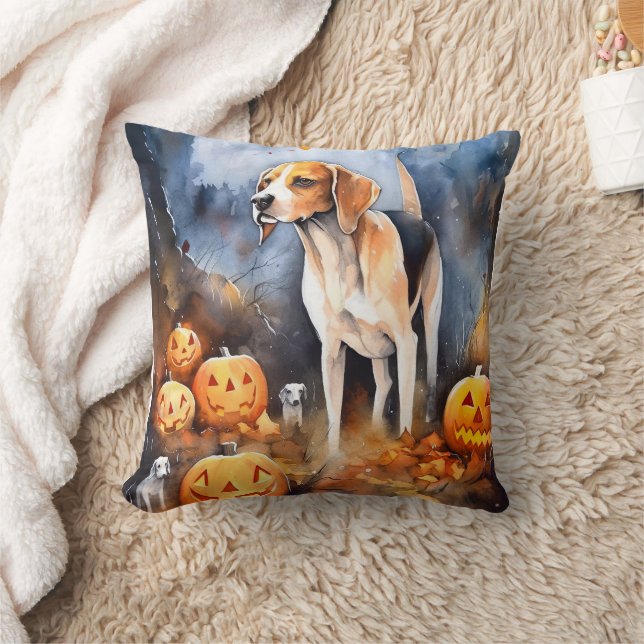 Halloween American English Foxhound With Pumpkins  Throw Pillow (Blanket)
