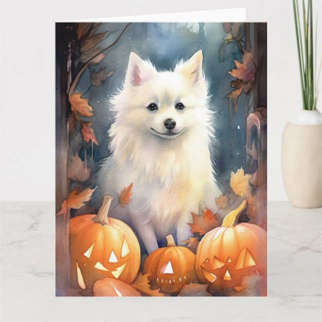 Halloween American Eskimo With Pumpkins Scary Card (Front)