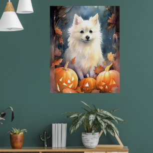Halloween American Eskimo With Pumpkins Scary Poster