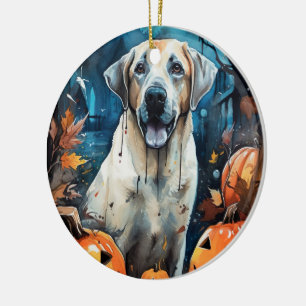 Halloween Anatolian Shepherd With Pumpkins Scary Ceramic Ornament