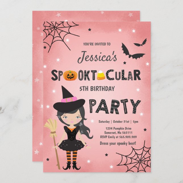 Halloween Anniversaire Invitation sorcière fête d' (Devant / Derrière)