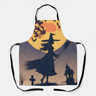Halloween Aprons, Witch With Broom Blood Moon  Apron