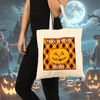 Halloween Argyle Trick-or-Treat Bag with pumpkin