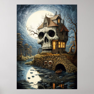 Halloween Art Skull House Poster