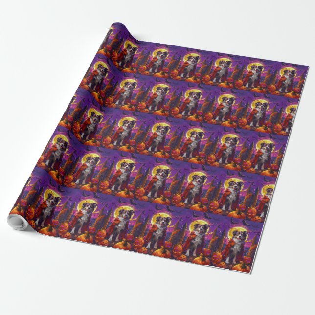 Halloween Australian Shepherd Dog Pumpkins Scary  Wrapping Paper (Unrolled)