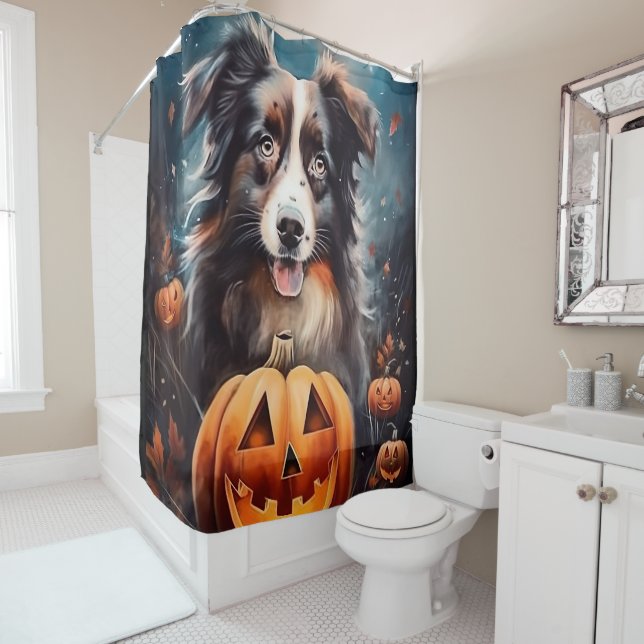 Halloween Australian Shepherd With Pumpkins Scary (In Situ)
