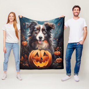 Halloween Australian Shepherd With Pumpkins Scary Fleece Blanket