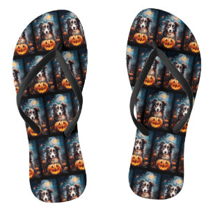 Halloween Australian Shepherd With Pumpkins Scary Flip Flops