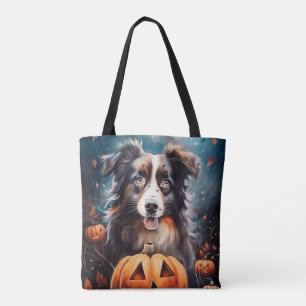 Halloween Australian Shepherd With Pumpkins Scary Tote Bag