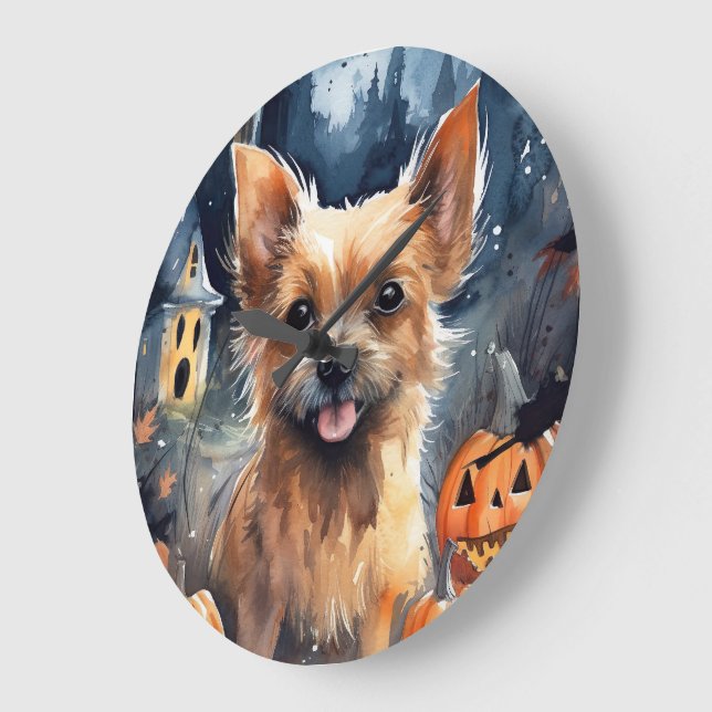 Halloween Australian Terrier With Pumpkins Scary  Large Clock (Angle)