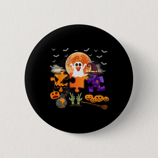 Halloween Autism Awareness Spooky Puzzle Design Fo 2 Inch Round Button (Front)