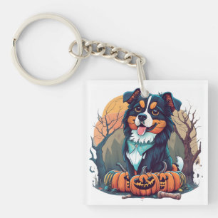 Halloween Autumn Bernese Mountain Dog with Pumpkin Keychain