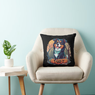 Halloween Autumn Bernese Mountain Dog with Pumpkin Throw Pillow