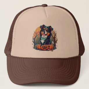 Halloween Autumn Bernese Mountain Dog with Pumpkin Trucker Hat