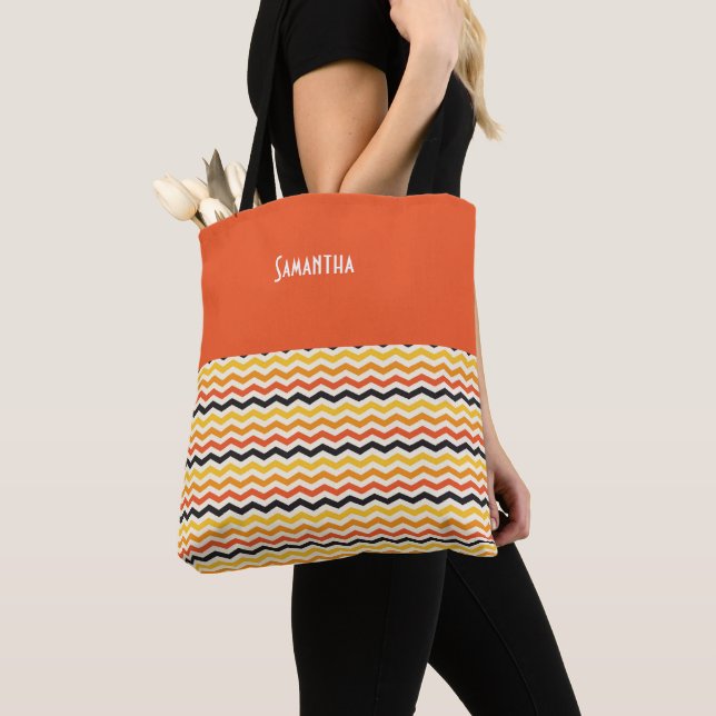 Halloween Autumn Chevron Fall Pumpkin Name Tote Bag (Close Up)