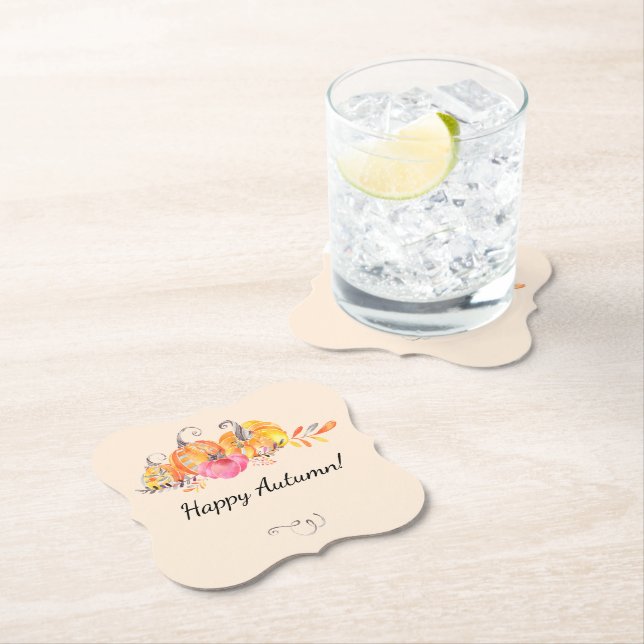 Halloween Autumn Fall Pumpkins Watercolor Paint Paper Coaster (Insitu)