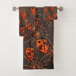 Halloween Autumn Leaves and Spiderwebs Bath Towel Set