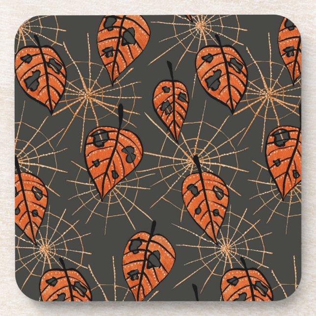 Halloween Autumn Leaves and Spiderwebs Coaster (Front)