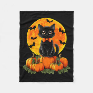 Halloween Autumn Spooky Season Bow Black Cat Fleece Blanket