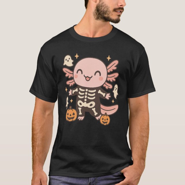 Halloween Axolotl Skeleton Cute Kawaii Ghost Kids T-Shirt (Front)