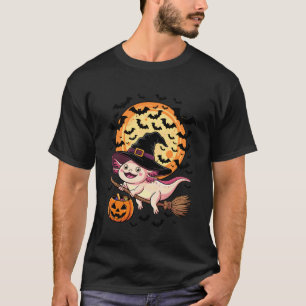 Halloween Axolotl Witch Hat and Broom Pumpkin Cand T-Shirt