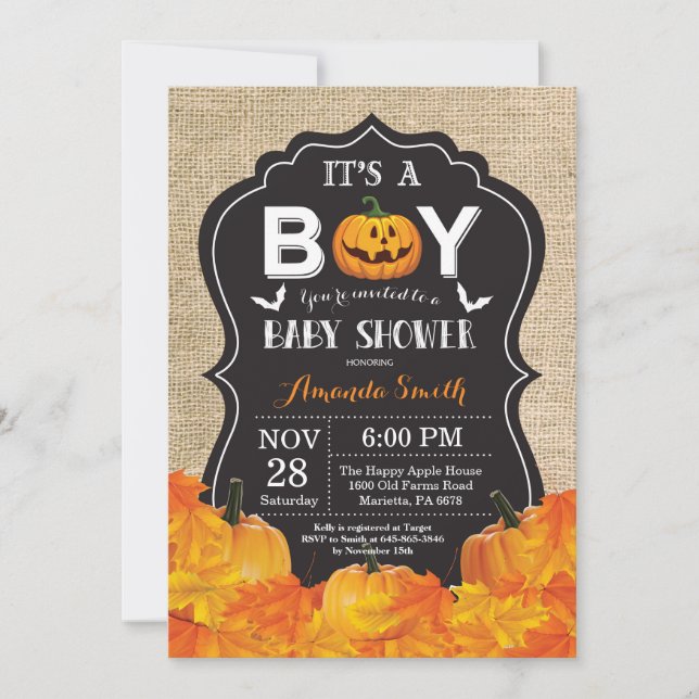 Halloween Baby Boy Shower Invitation Card Burlap (Front)