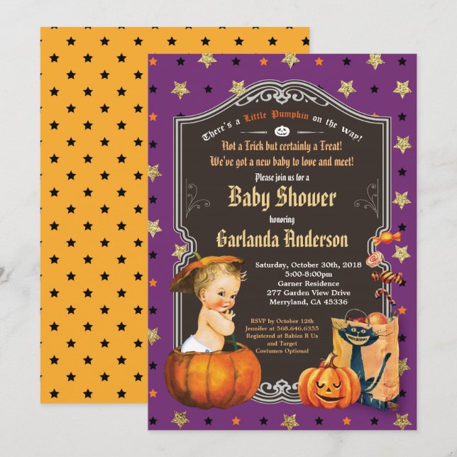 Halloween baby boy shower purple gold chalkboard invitation (Front/Back)