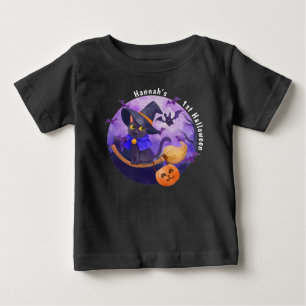 Halloween Baby Cute Cat Witch Personalized Name T-Shirt