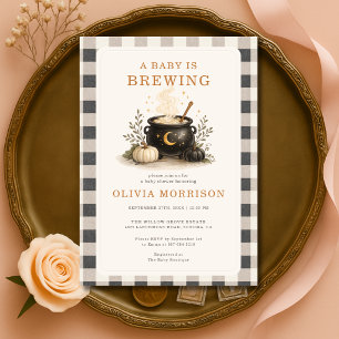 Halloween Baby is Brewing Gingham Baby Shower Invitation