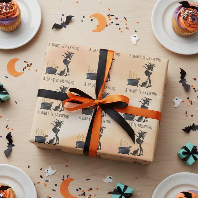 Halloween Baby Is Brewing Witch Shower Orange Wrapping Paper (Creator Uploaded)