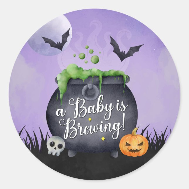 Halloween Baby Shower Baby is Brewing Sticker (Front)