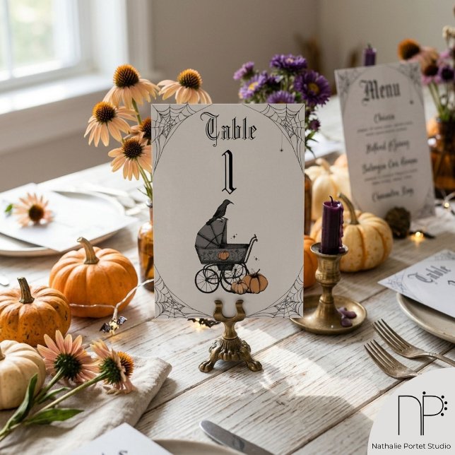 Halloween Baby Shower Light Grey Table Number (Hand drawn Halloween baby carriage table number in light gray with a chic noir aesthetic)