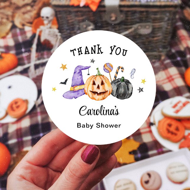 Halloween Baby Shower Thank you Classic Round Sticker (Creator Uploaded)